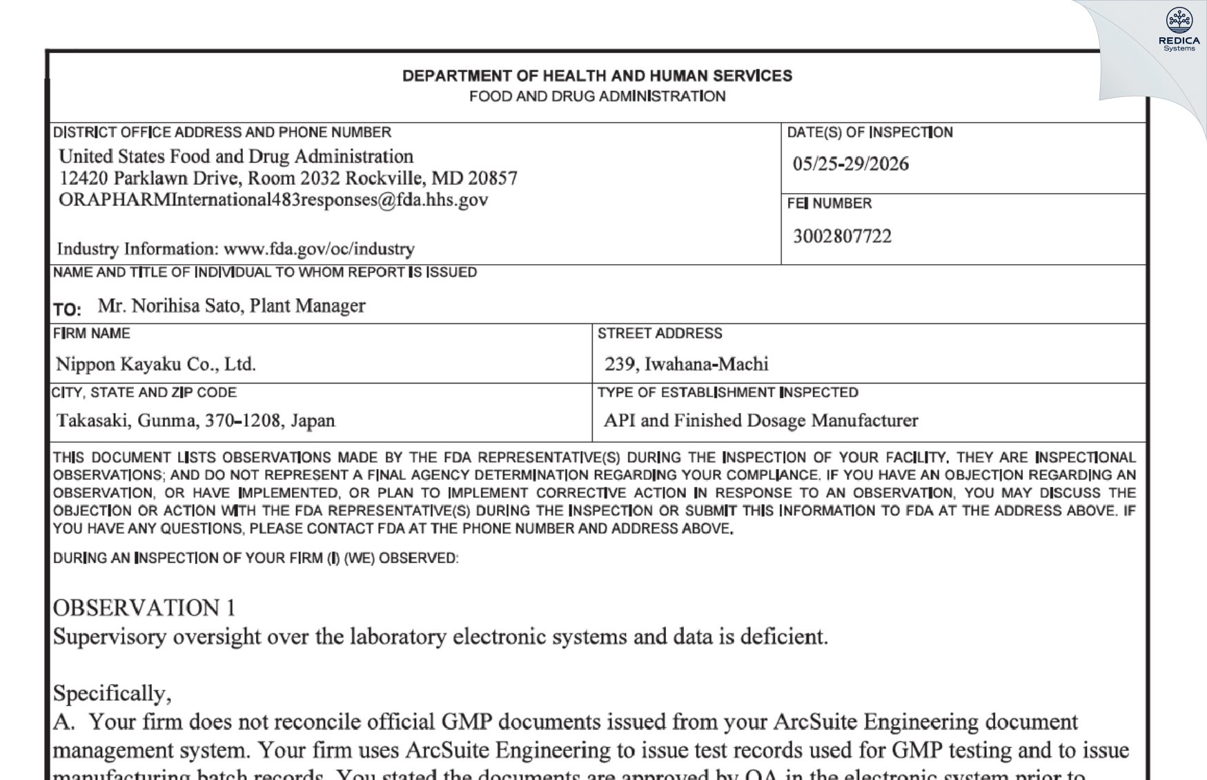 FDA 483 - Nippon Kayaku Co., Ltd. [Iwahanamachi / Japan] - Download PDF - Redica Systems