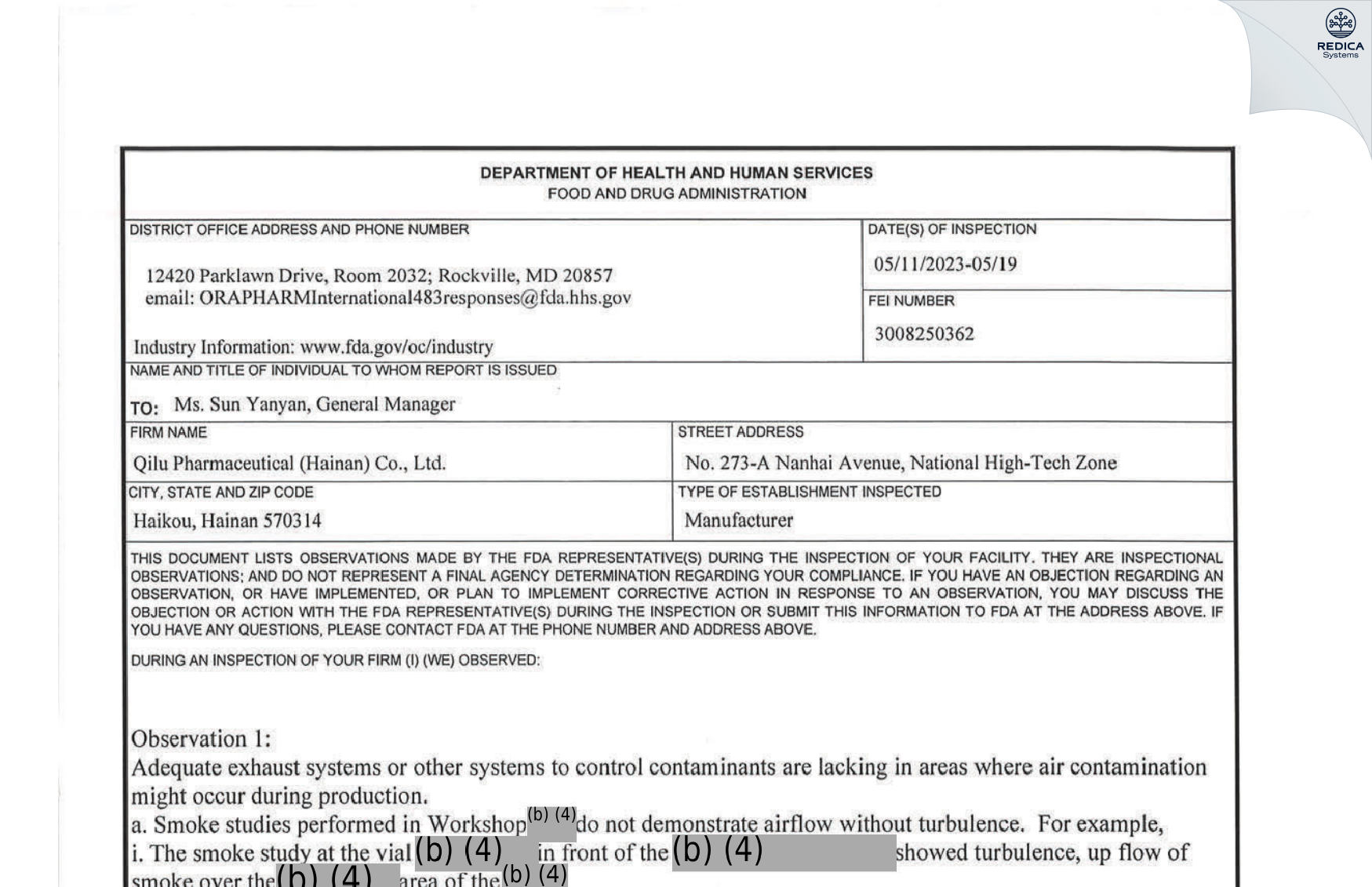 FDA 483 - Qilu Pharmaceutical (Hainan) Co., Ltd. [Haikou / China] - Download PDF - Redica Systems
