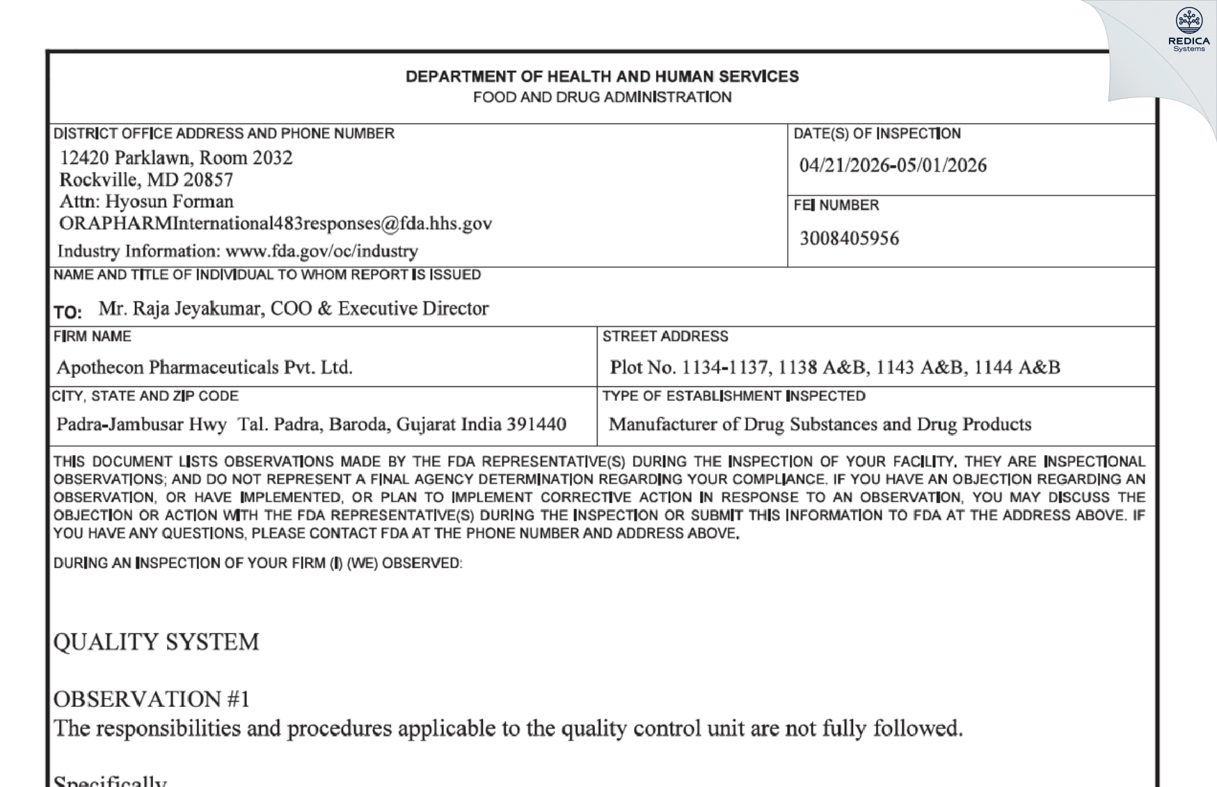 FDA 483 - APOTHECON PHARMACEUTICALS PRIVATE LIMITED [Padra / India] - Download PDF - Redica Systems