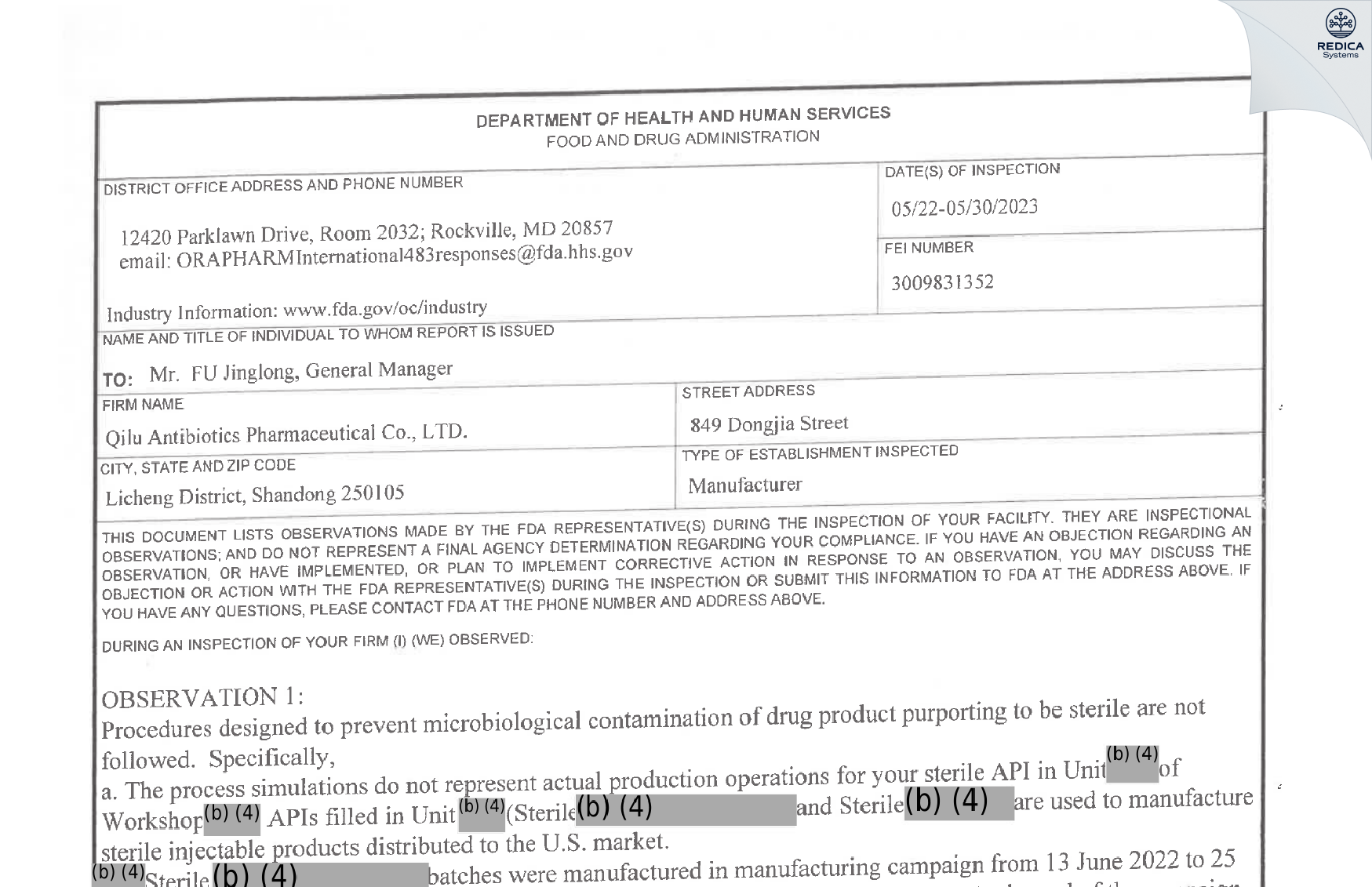 FDA 483 - Qilu Antibiotics Pharmaceutical Co., Ltd. [Licheng / China] - Download PDF - Redica Systems