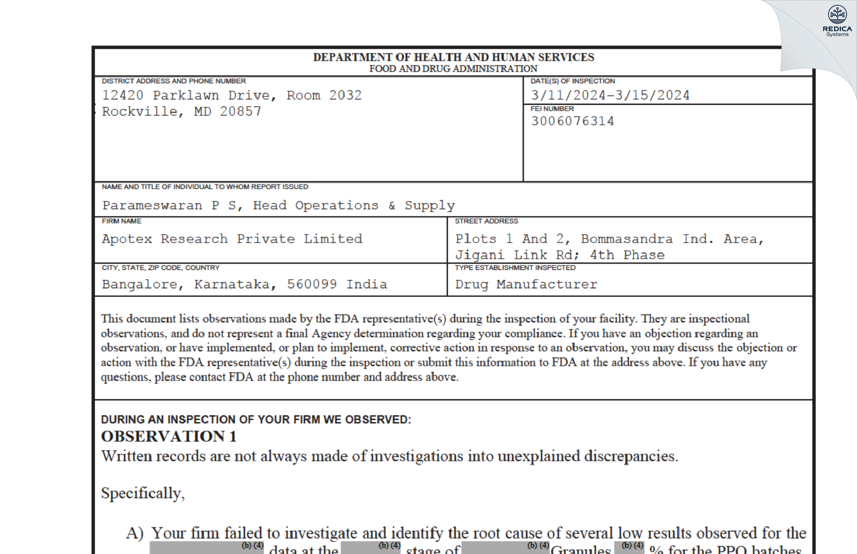 FDA 483 - Apotex Research Private Limited [Bangalore / India] - Download PDF - Redica Systems