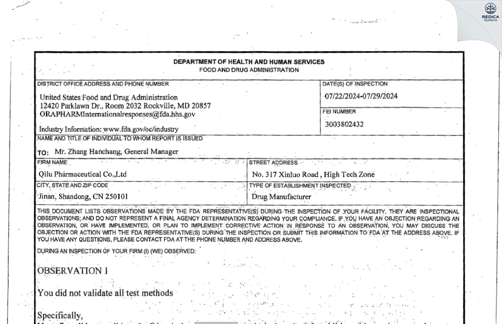 FDA 483 - Qilu Pharmaceutical Co., Ltd.(High Tech Zone Site) [Jinan / China] - Download PDF - Redica Systems