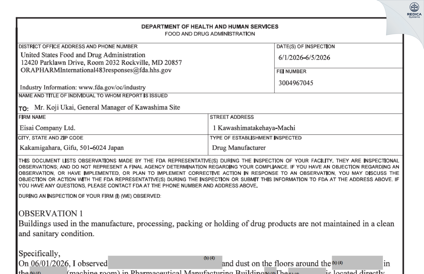 FDA 483 - Eisai Co., Ltd. [Kawashimatakehayamachi / Japan] - Download PDF - Redica Systems