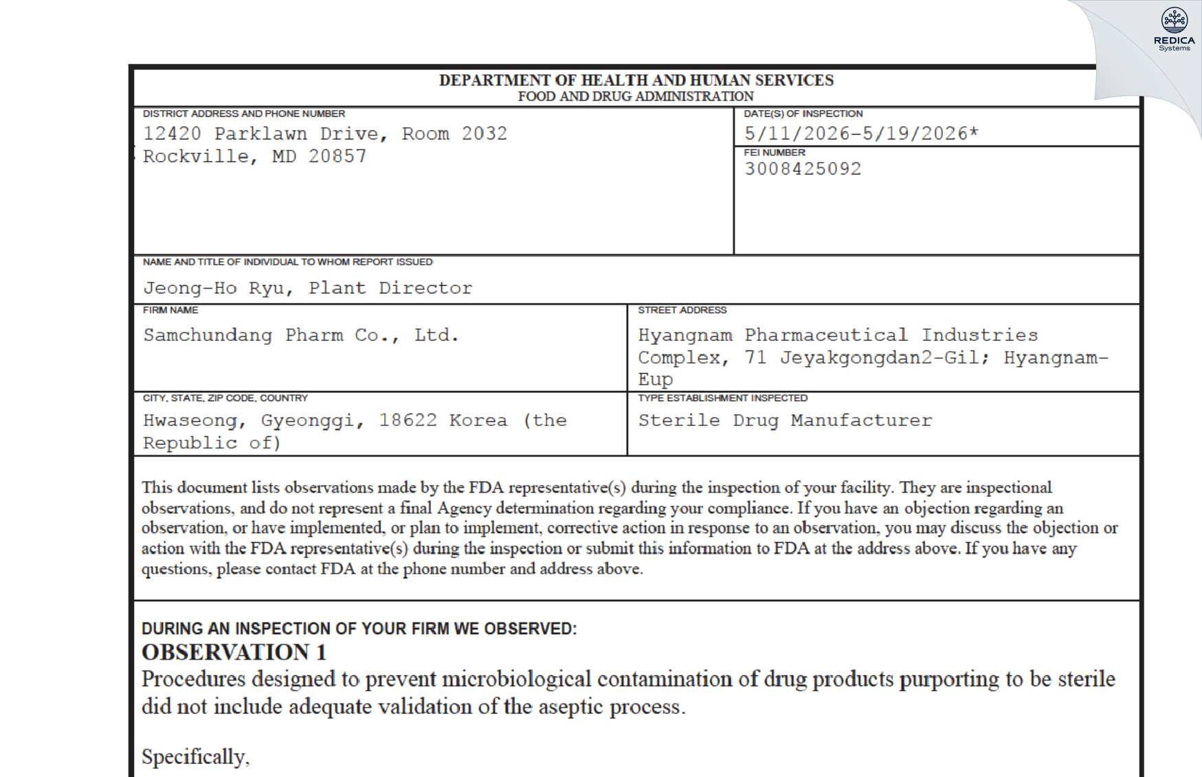 FDA 483 - SamChunDang Pharm Co, Ltd [Hyangnam-Eup / Korea (Republic of)] - Download PDF - Redica Systems