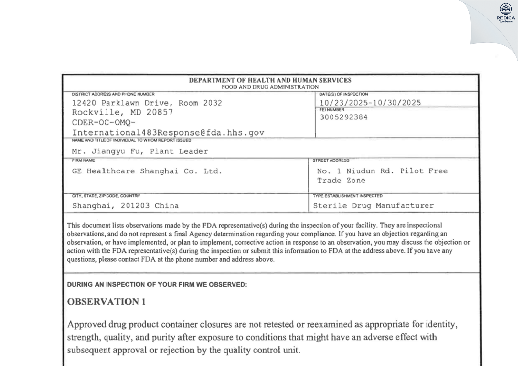FDA 483 - GE Healthcare (Shanghai) Co Ltd. [Shanghai / China] - Download PDF - Redica Systems