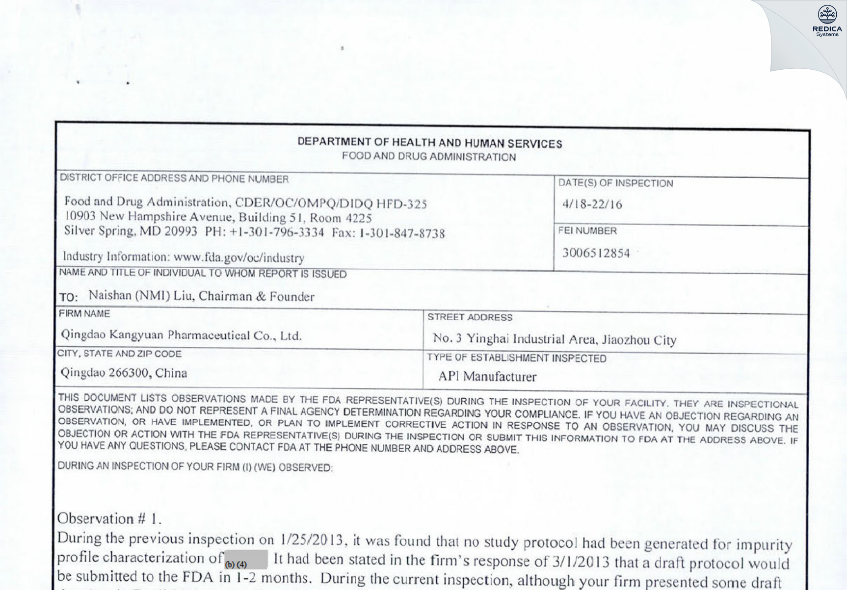 FDA 483 - Qingdao Kangyuan Pharmaceutical Co., Ltd [Qingdao / China] - Download PDF - Redica Systems
