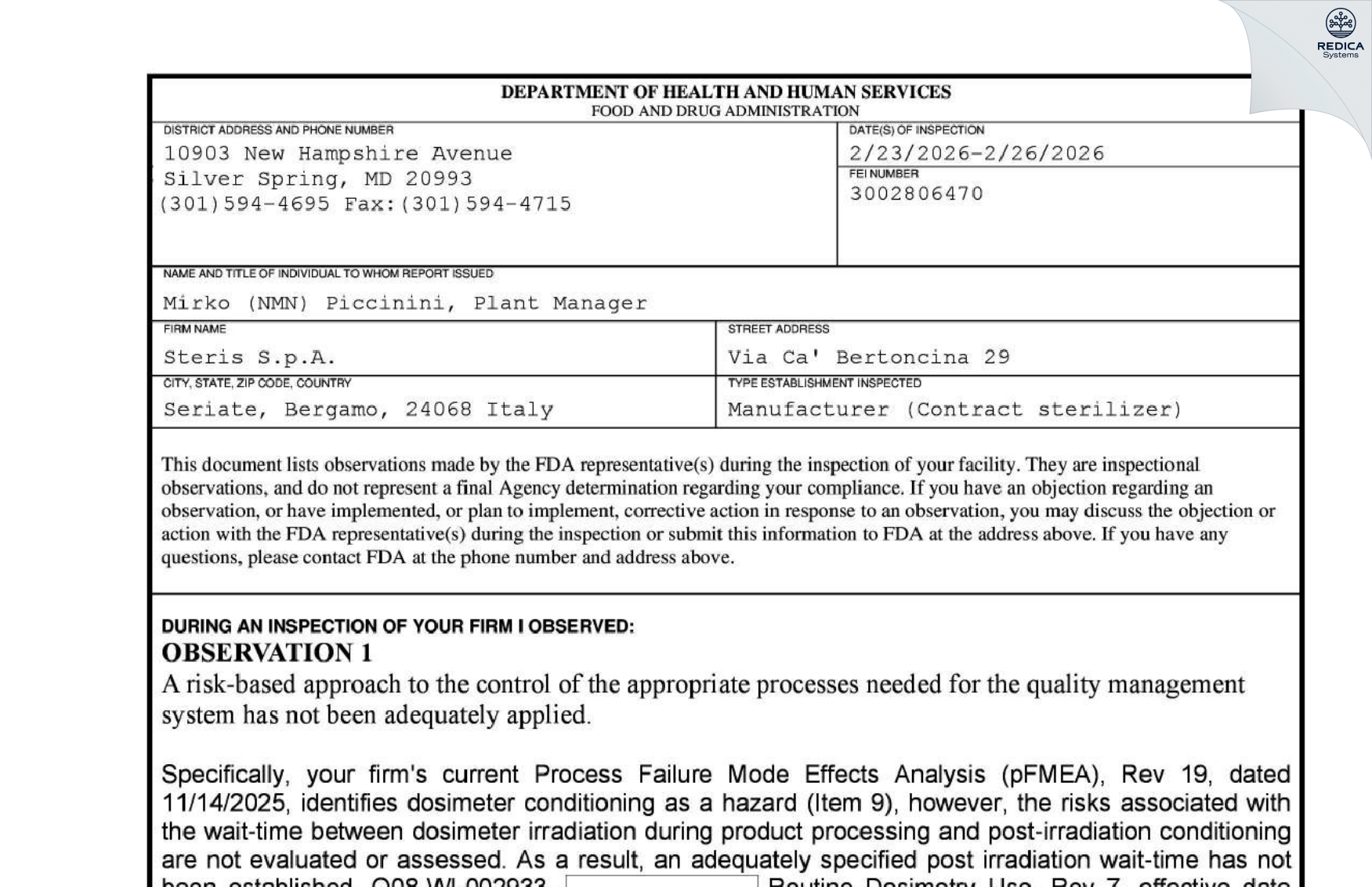 FDA 483 - Bioster S.p.A. [Seriate / Italy] - Download PDF - Redica Systems