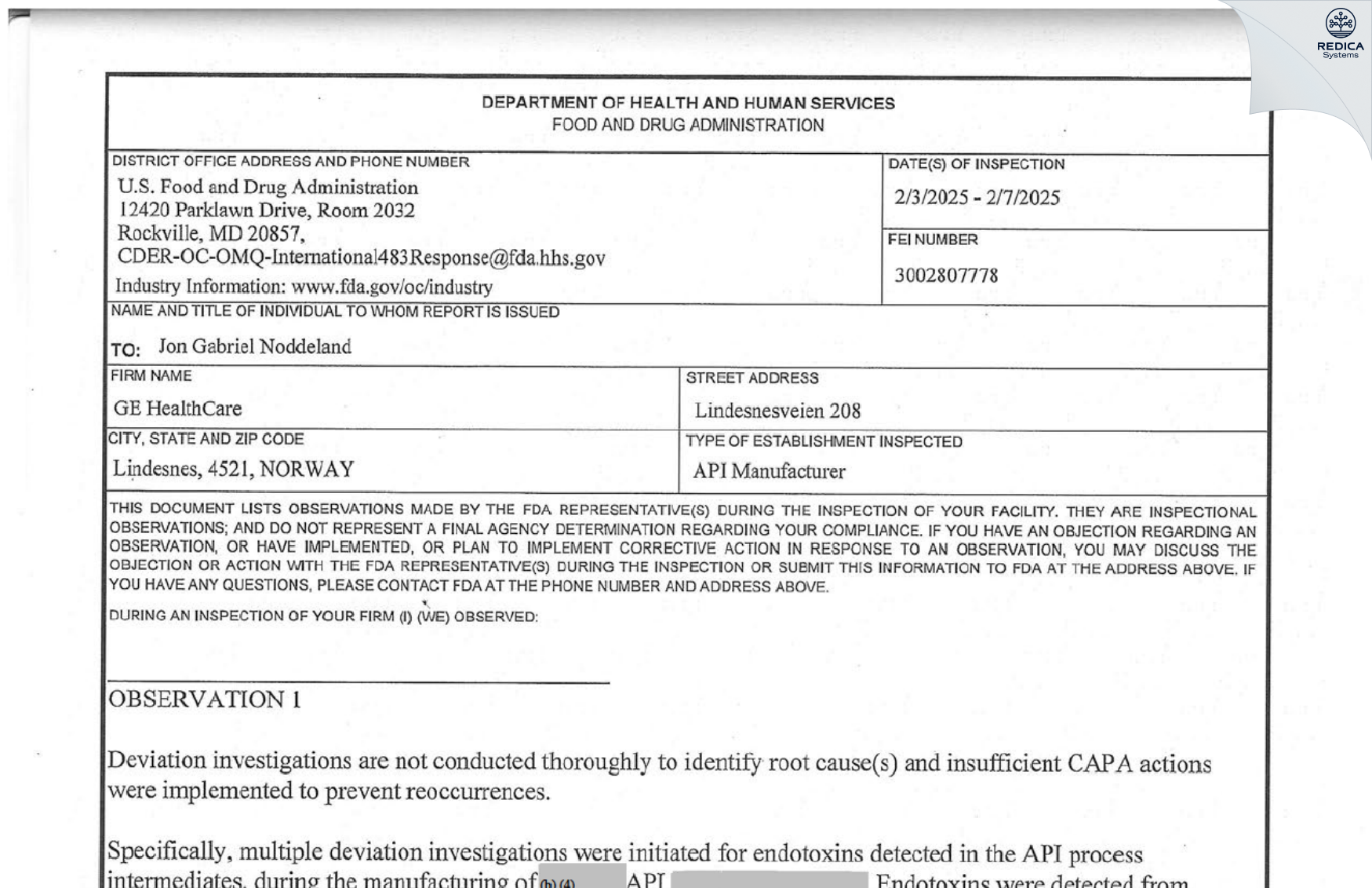 FDA 483 - GE Healthcare AS avd Lindesnes [Lindesnes / Norway] - Download PDF - Redica Systems
