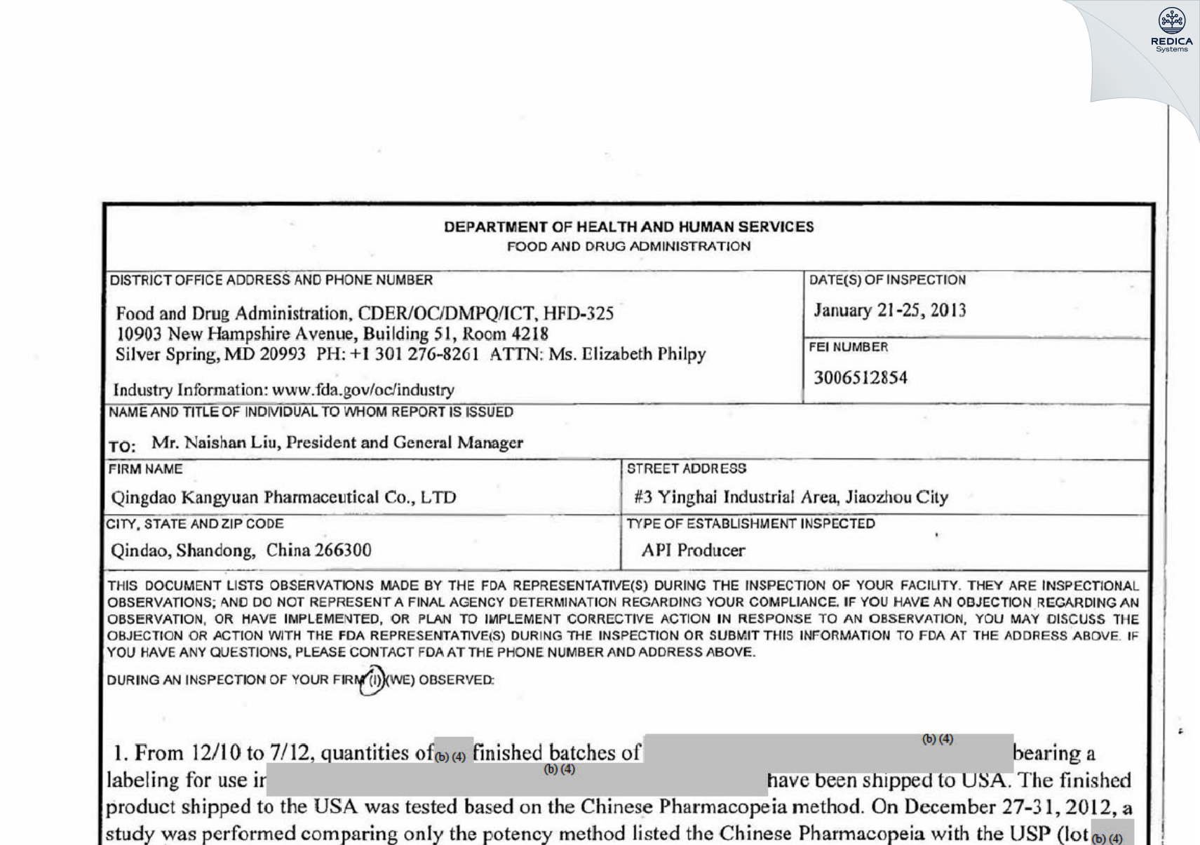 FDA 483 - Qingdao Kangyuan Pharmaceutical Co., Ltd [Qingdao / China] - Download PDF - Redica Systems