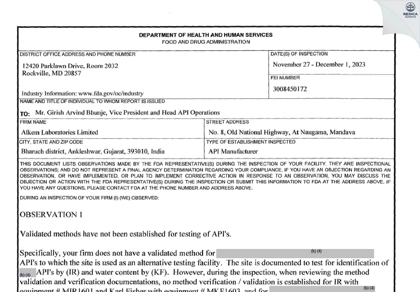 FDA 483 - Alkem Laboratories Limited [Ankleshwar / India] - Download PDF - Redica Systems