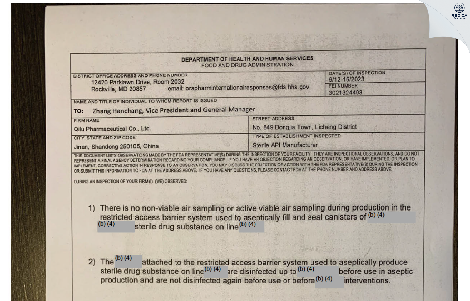 FDA 483 - Qilu Pharmaceutical Co., Ltd. (Dongjia Site) [Licheng / China] - Download PDF - Redica Systems
