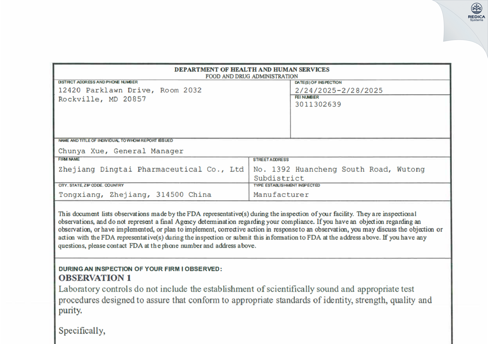 FDA 483 - Zhejiang Dingtai Pharmaceutical Co., Ltd [Tongxiang / China] - Download PDF - Redica Systems