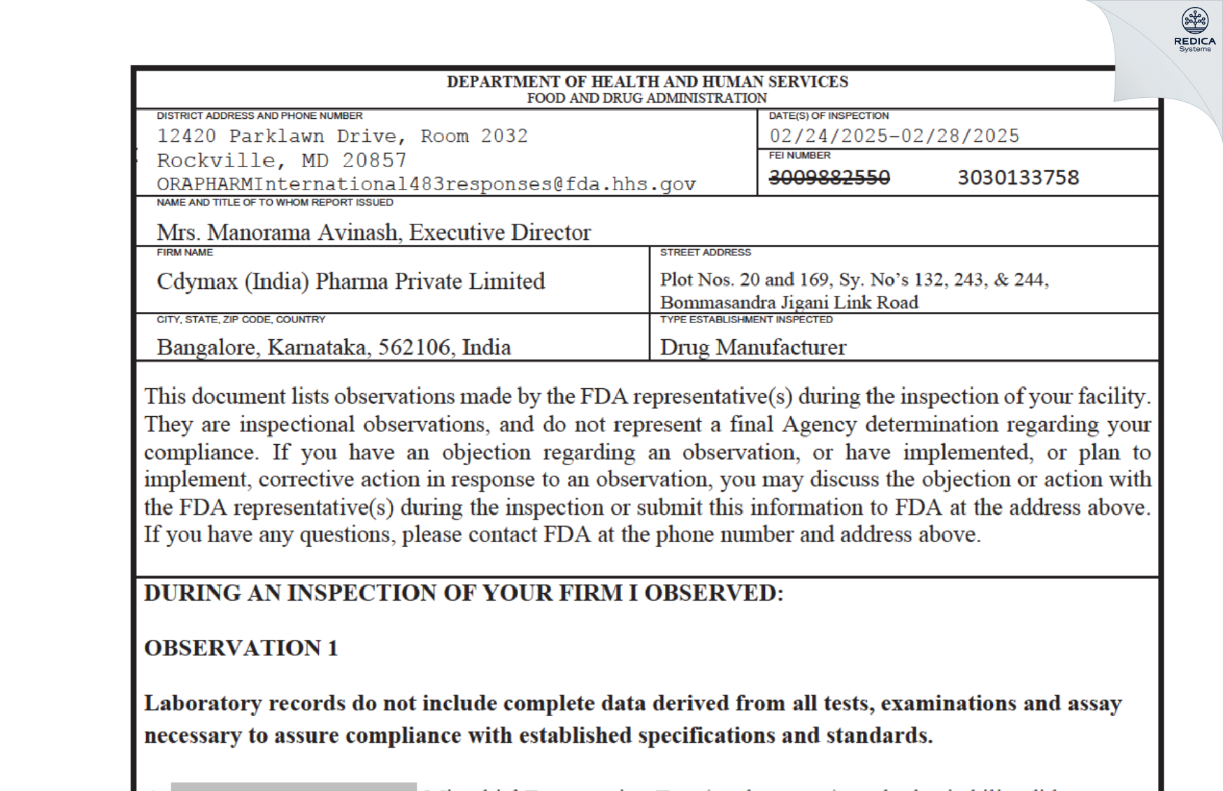FDA 483 - Cdymax (India) Pharma Private Limited [Anekal / India] - Download PDF - Redica Systems