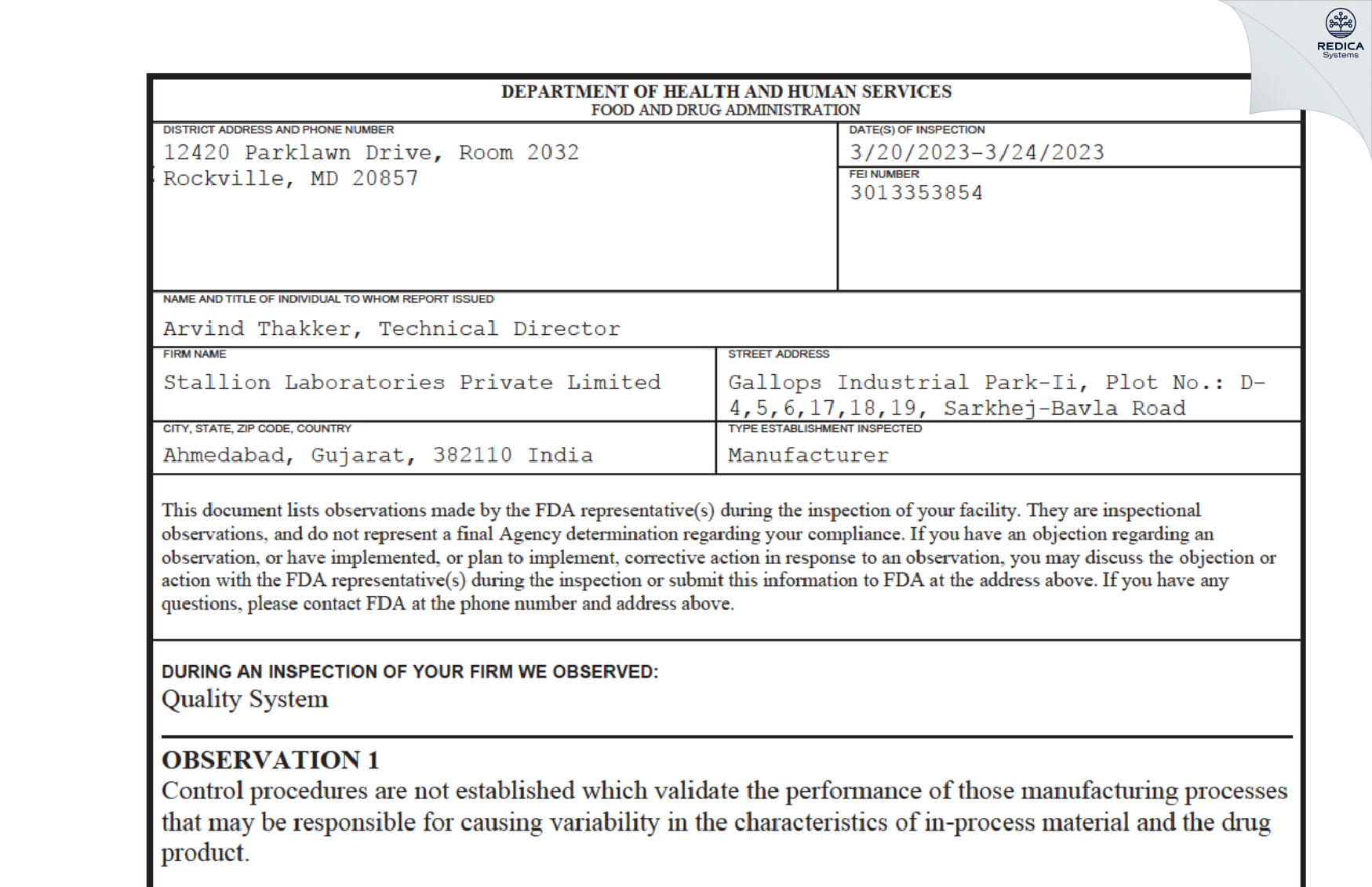FDA 483 - STALLION LABORATORIES PRIVATE LIMITED [Sanand / India] - Download PDF - Redica Systems