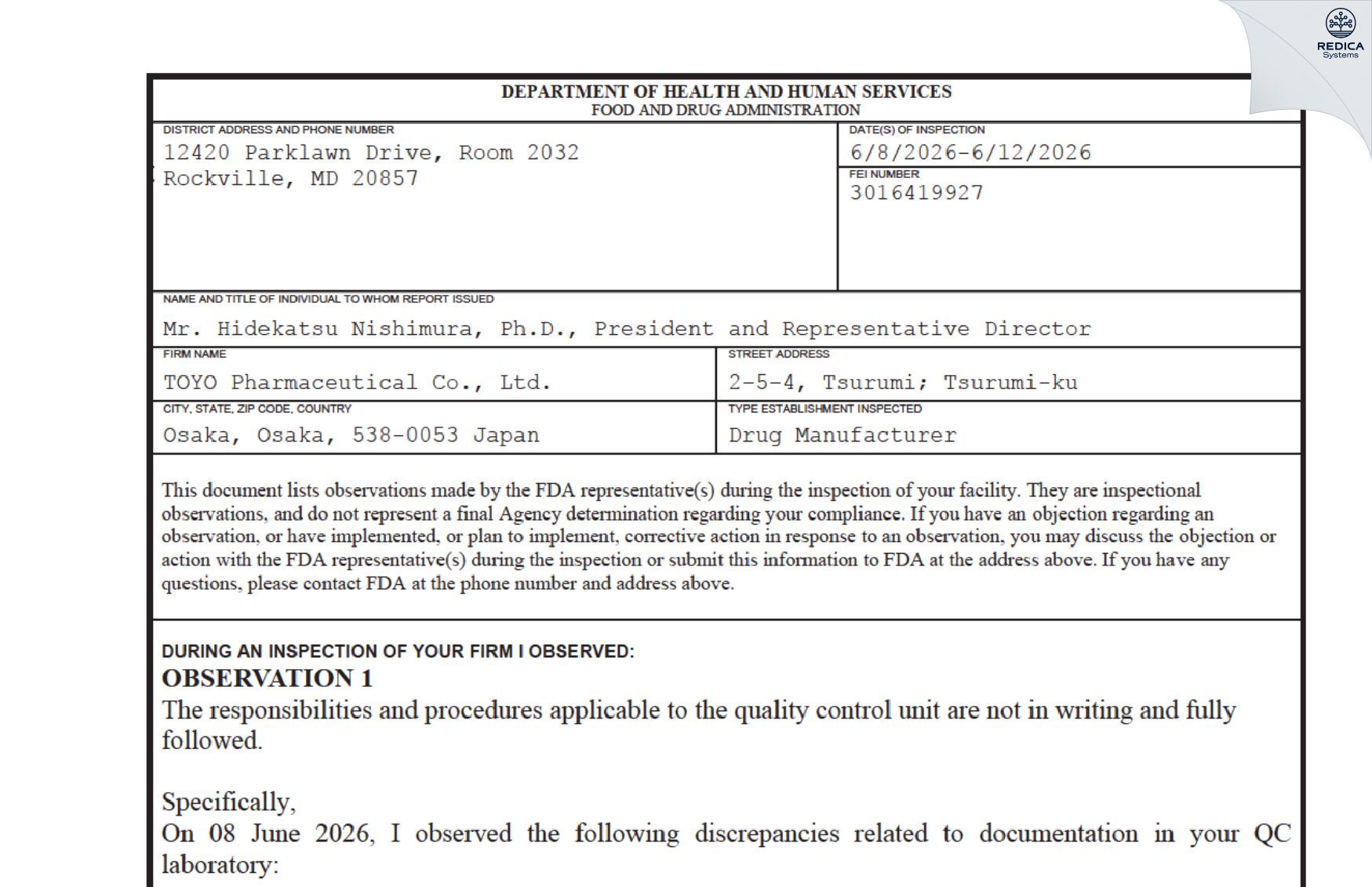 FDA 483 - TOYO Pharmaceutical Co., Ltd. [Tsurumi-Ku / Japan] - Download PDF - Redica Systems
