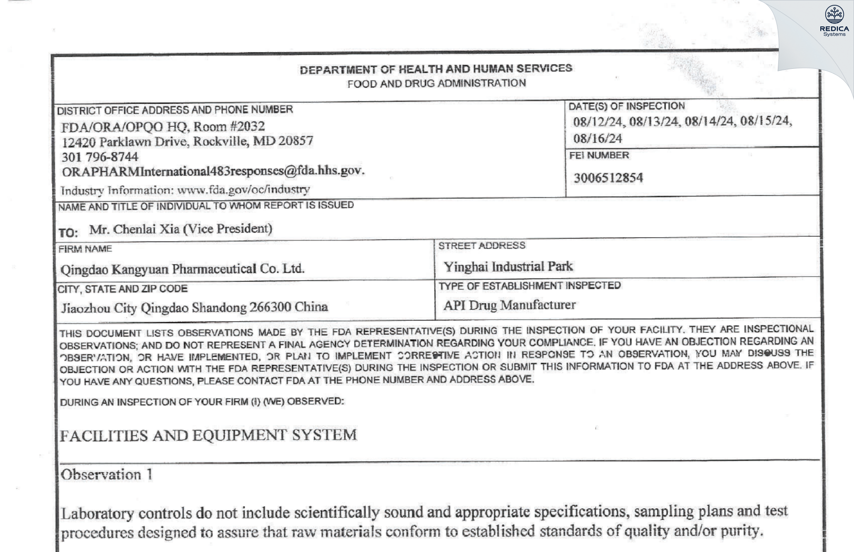 FDA 483 - Qingdao Kangyuan Pharmaceutical Co., Ltd [Qingdao / China] - Download PDF - Redica Systems