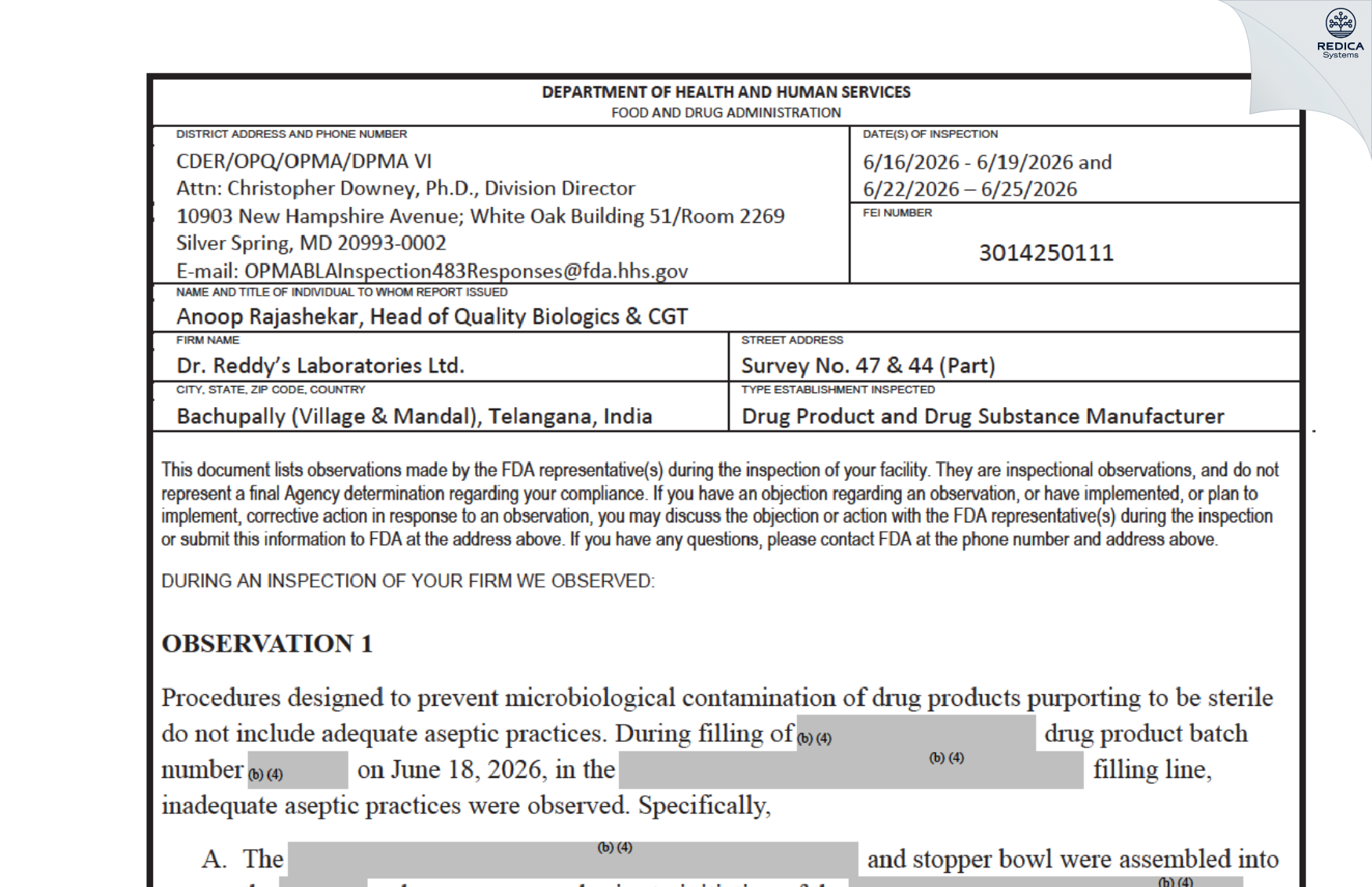 FDA 483 - DR. REDDY'S LABORATORIES LTD [Uppal / India] - Download PDF - Redica Systems