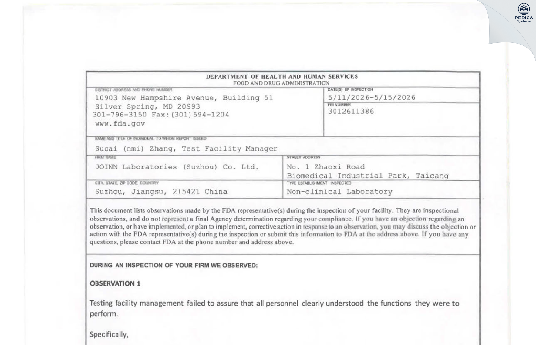 FDA 483 - JOINN Laboratories (Suzhou) [Taicang / China] - Download PDF - Redica Systems