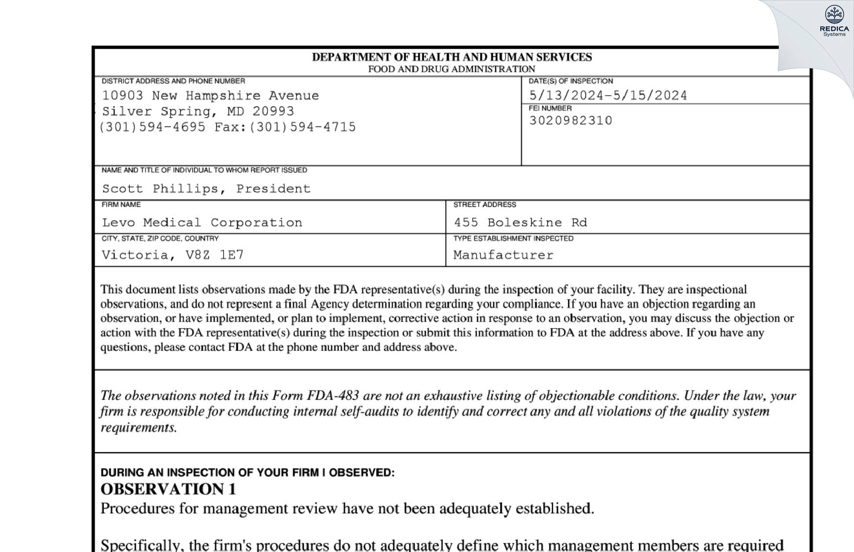 FDA 483 - Levo Medical Corporation [Victoria / Canada] - Download PDF - Redica Systems