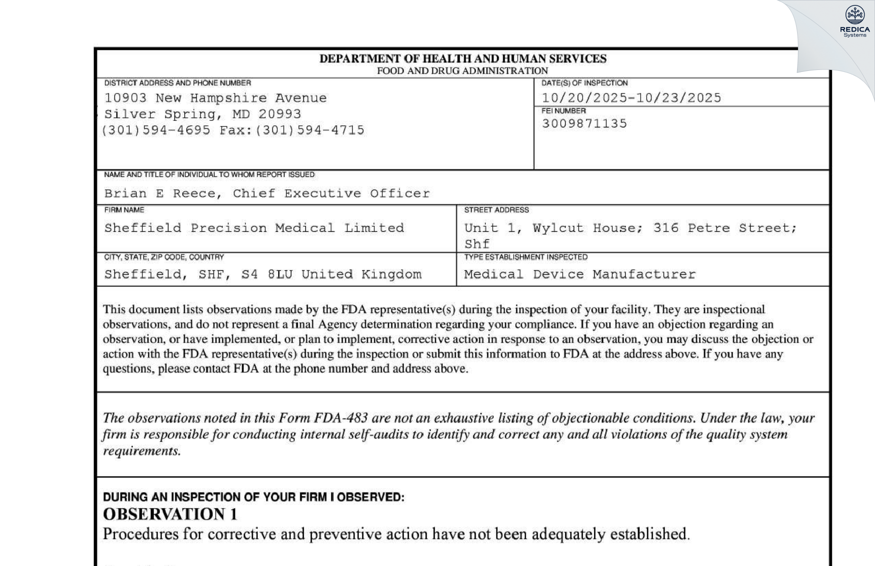 FDA 483 - SHEFFIELD PRECISION MEDICAL LTD [Sheffield / United Kingdom of Great Britain and Northern Ireland] - Download PDF - Redica Systems