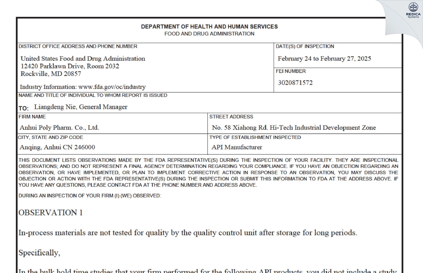 FDA 483 - Anhui Poly Pharm. Co., Ltd. [Anking / China] - Download PDF - Redica Systems