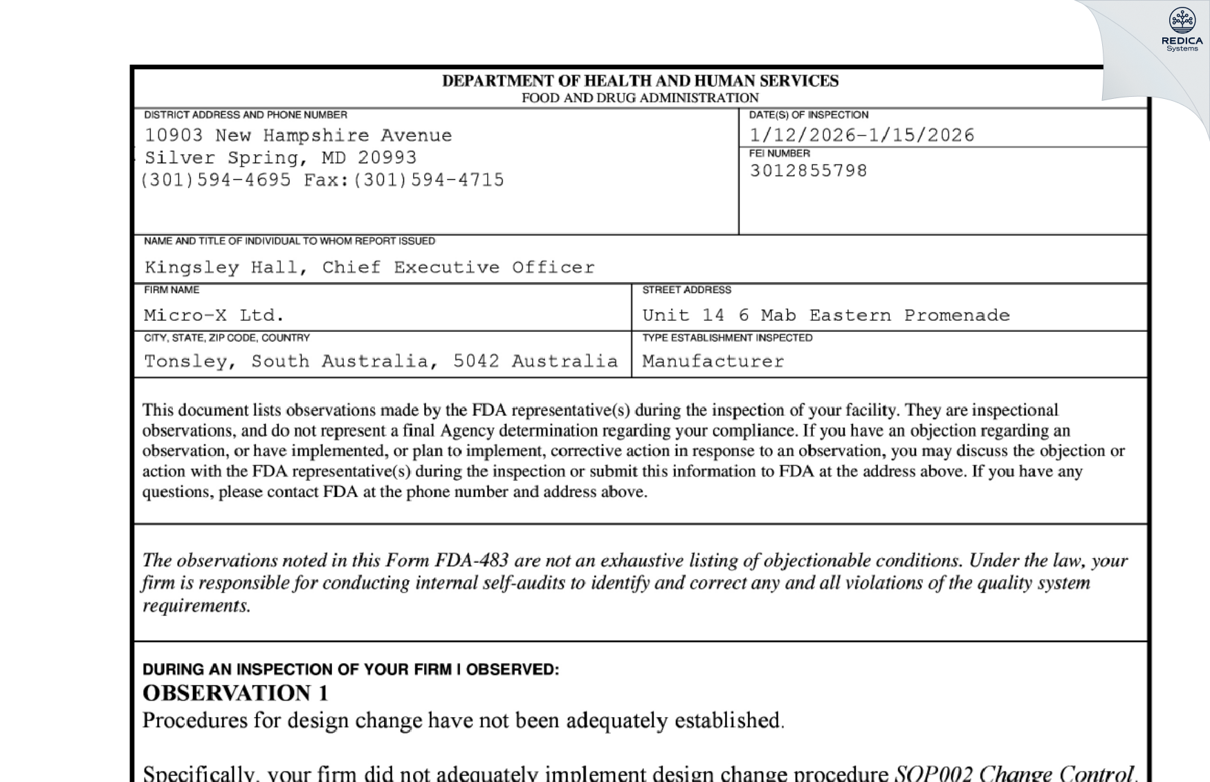 FDA 483 - Micro-X Ltd. [Adelaide / Australia] - Download PDF - Redica Systems