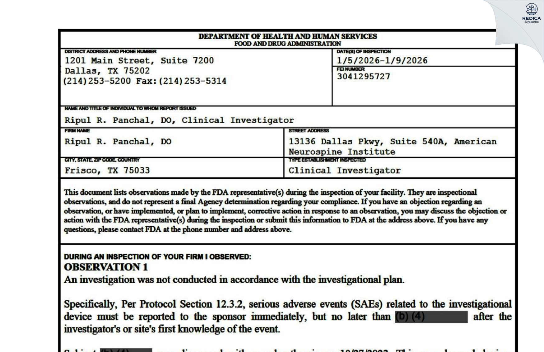 FDA 483 - Ripul R. Panchal, DO [Frisco / United States of America] - Download PDF - Redica Systems