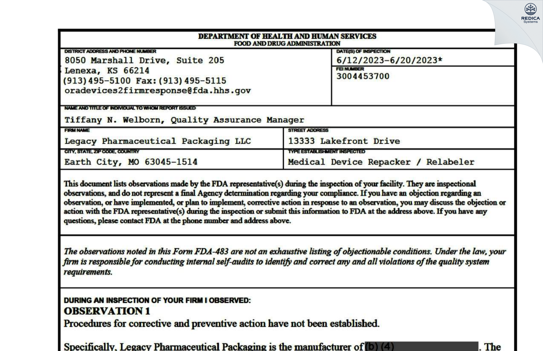 FDA 483 - Legacy Pharmaceutical Packaging, LLC [Earth City / United States of America] - Download PDF - Redica Systems