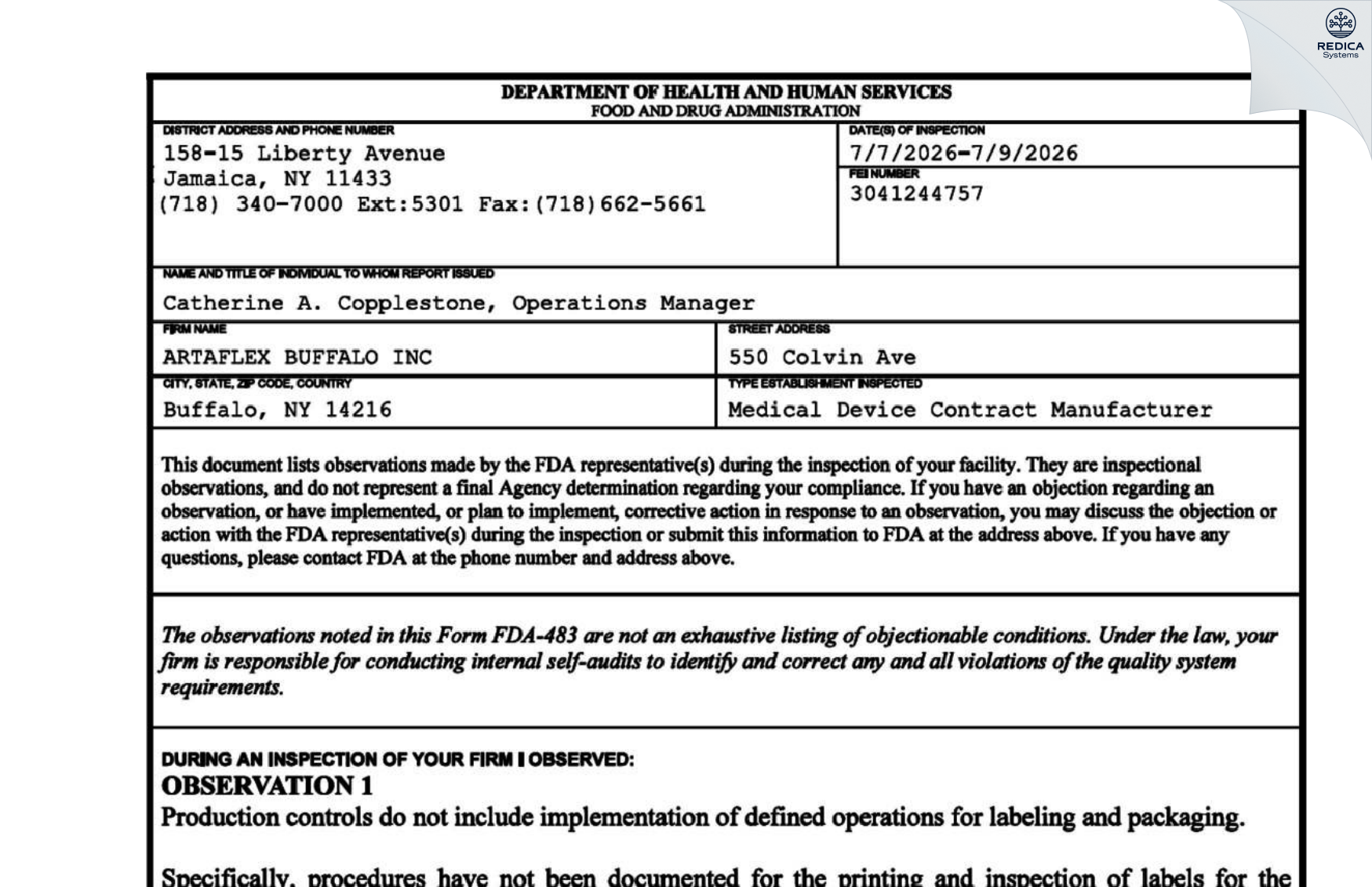 FDA 483 - ARTAFLEX BUFFALO INC. [Buffalo / United States of America] - Download PDF - Redica Systems