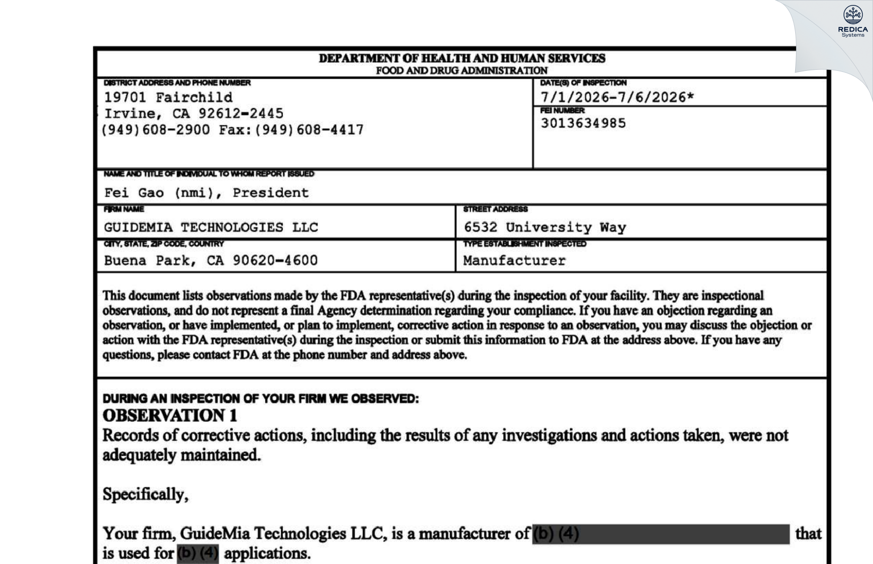 FDA 483 - GUIDEMIA TECHNOLOGIES, LLC [Buena Park / United States of America] - Download PDF - Redica Systems