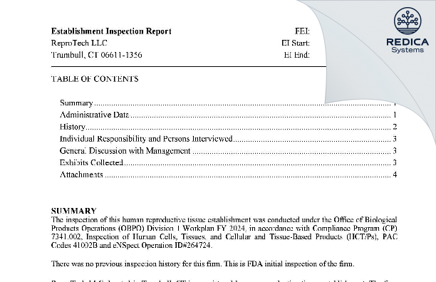 EIR - ReproTech LLC [Trumbull / United States of America] - Download PDF - Redica Systems