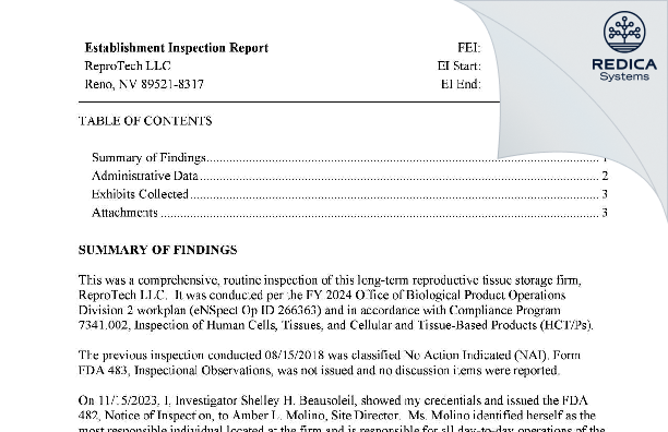 EIR - ReproTech LLC [Reno / United States of America] - Download PDF - Redica Systems