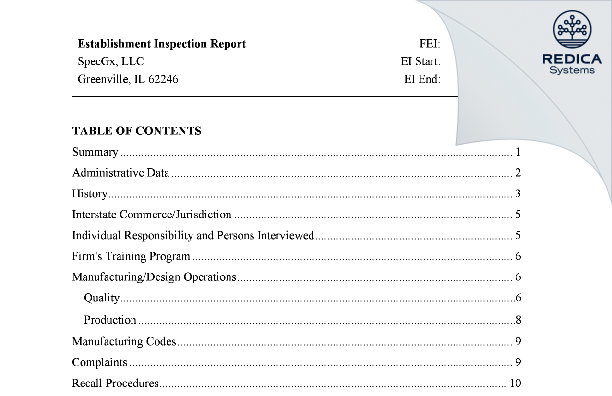EIR - SpecGx LLC [Greenville / United States of America] - Download PDF - Redica Systems