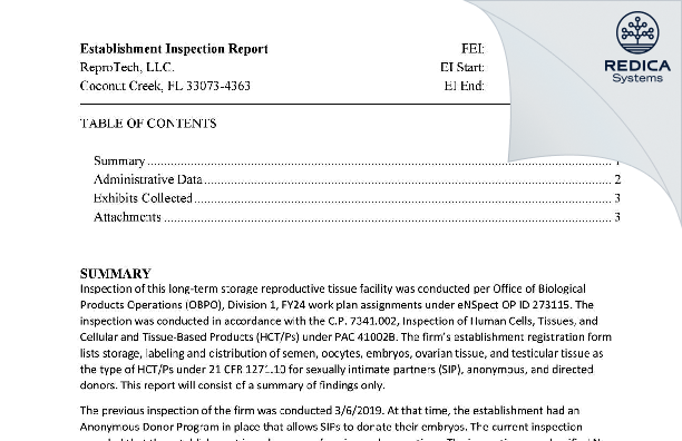 EIR - ReproTech, LLC. [Coconut Creek / United States of America] - Download PDF - Redica Systems