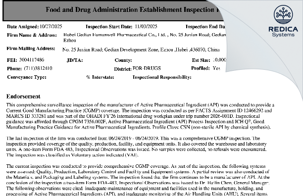 EIR - Hubei Gedian Humanwell Pharmaceutical Co., Ltd. [Ezhou / China] - Download PDF - Redica Systems