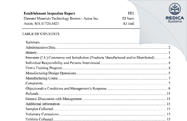 EIR - Element Materials Technology Boston - Acton Inc [Acton / United States of America] - Download PDF - Redica Systems