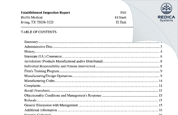 EIR - BioTE Medical [Irving / United States of America] - Download PDF - Redica Systems