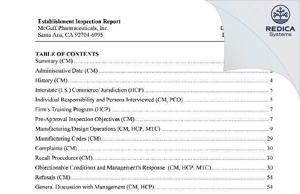 EIR - McGuff Pharmaceuticals, Inc. [Santa Ana / United States of America] - Download PDF - Redica Systems