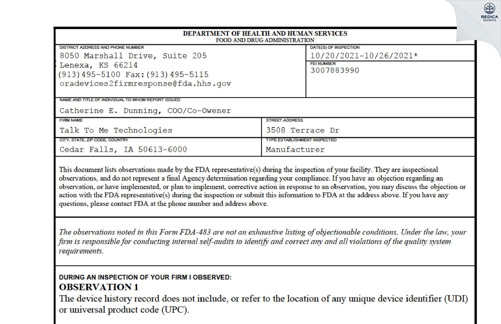 FDA 483 - Talk To Me Technologies [Cedar Falls / United States of America] - Download PDF - Redica Systems