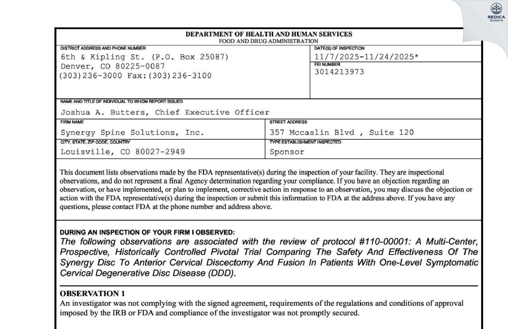 FDA 483 - Synergy Spine Solutions [Louisville / United States of America] - Download PDF - Redica Systems