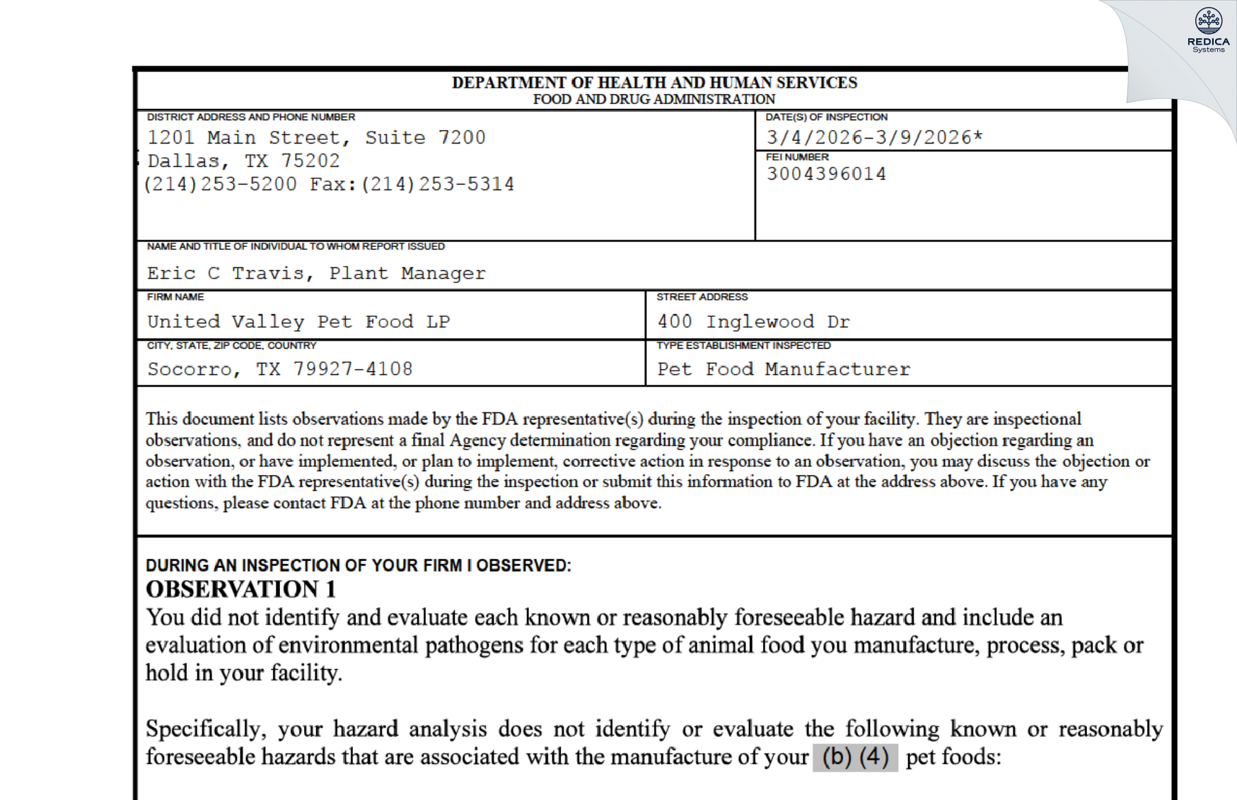 FDA 483 - United Valley Pet Food LP [Socorro / United States of America] - Download PDF - Redica Systems