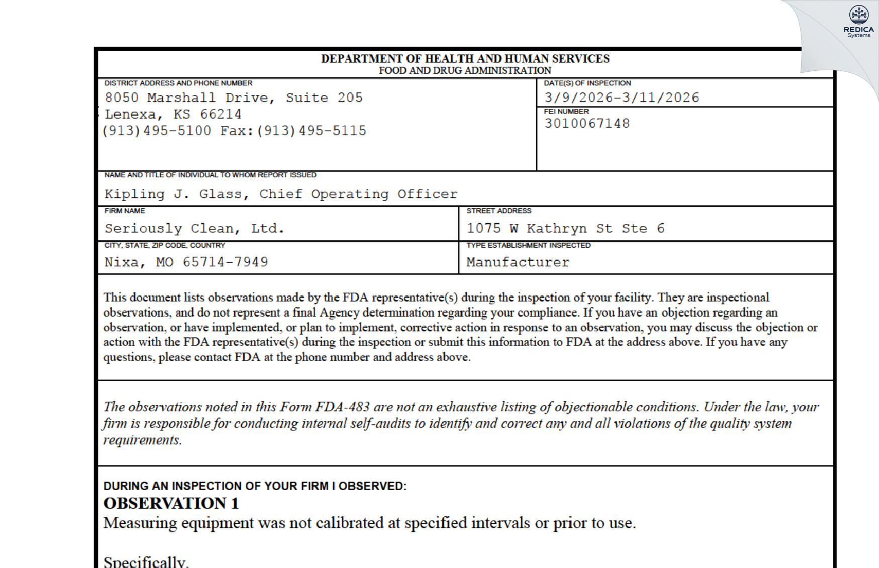 FDA 483 - Seriously Clean, Ltd. [Nixa / United States of America] - Download PDF - Redica Systems
