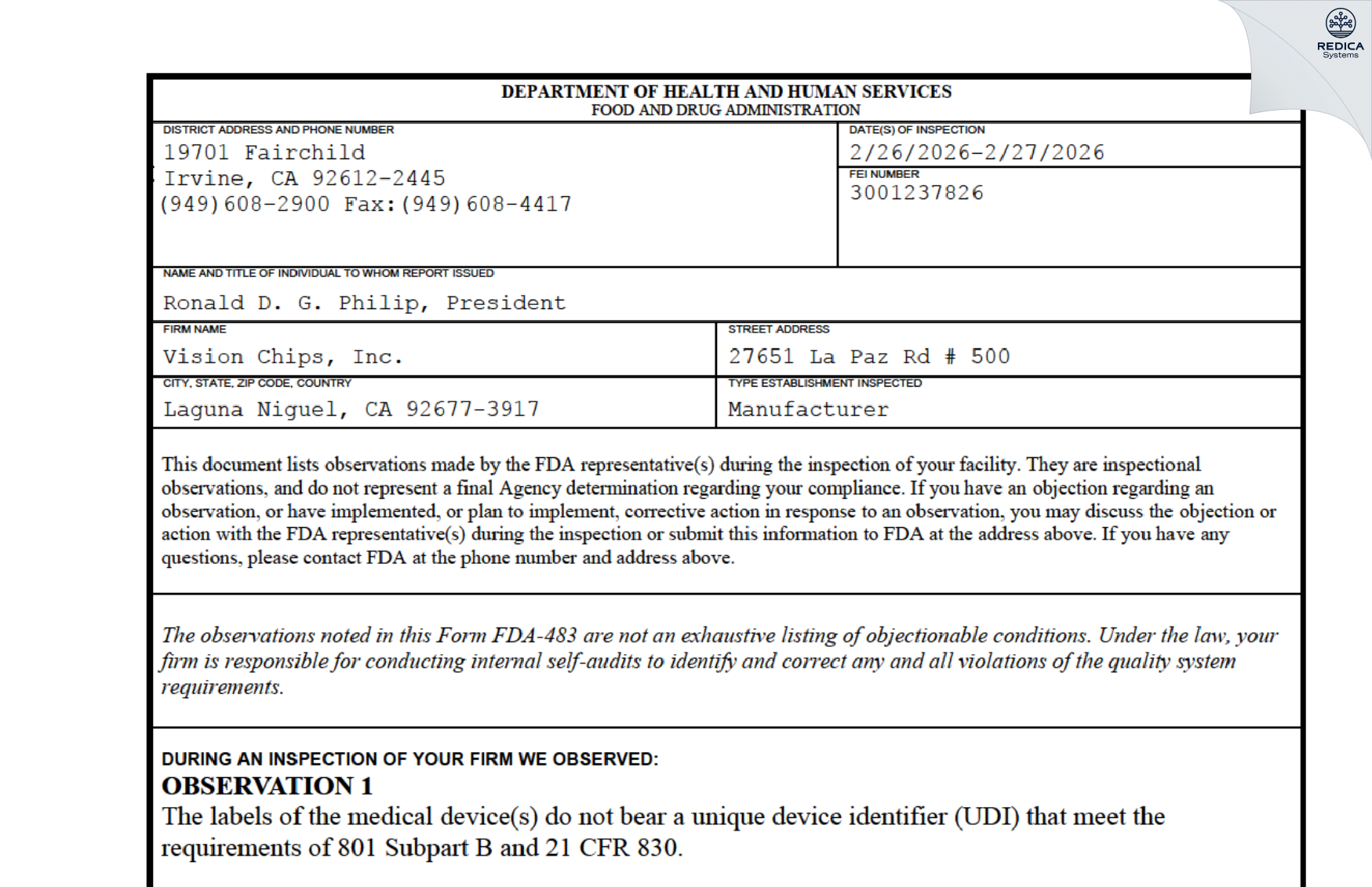 FDA 483 - Vision Chips Inc [Laguna Niguel / United States of America] - Download PDF - Redica Systems