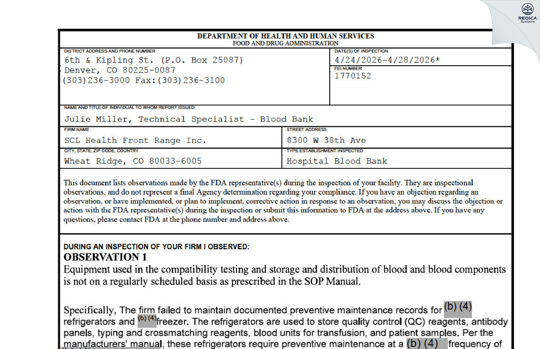 FDA 483 - SCL Health Front Range Inc. [Wheat Ridge / United States of America] - Download PDF - Redica Systems
