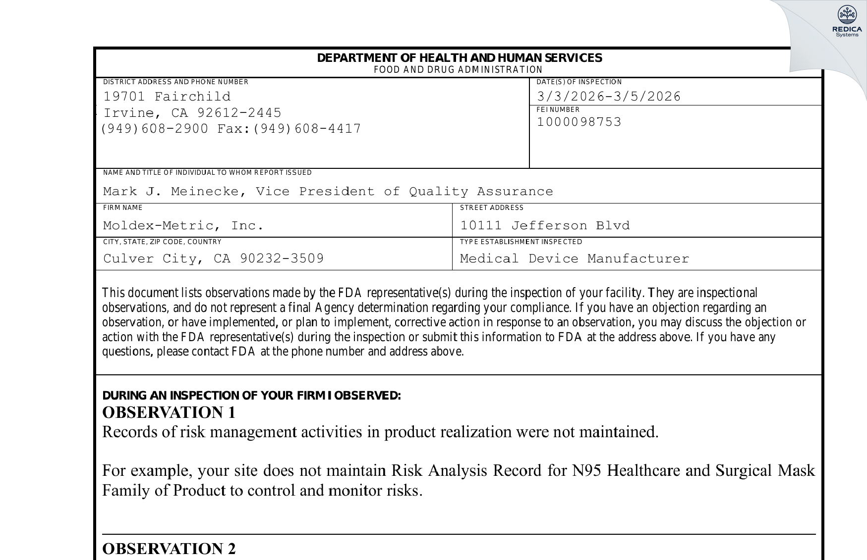 FDA 483 - Moldex-Metric, Inc. [Culver City / United States of America] - Download PDF - Redica Systems