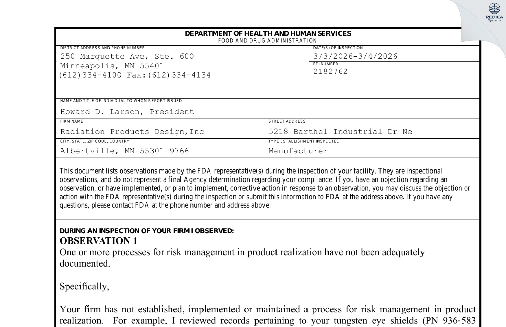 FDA 483 - Radiation Products Design,Inc [Albertville / United States of America] - Download PDF - Redica Systems
