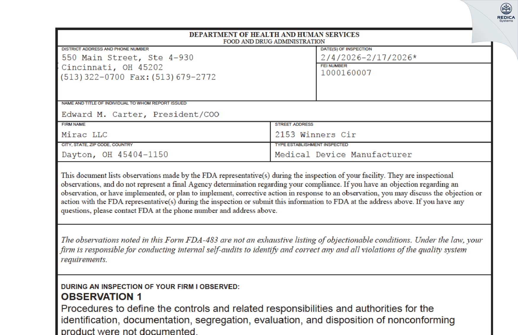 FDA 483 - Mirac LLC [Dayton / United States of America] - Download PDF - Redica Systems