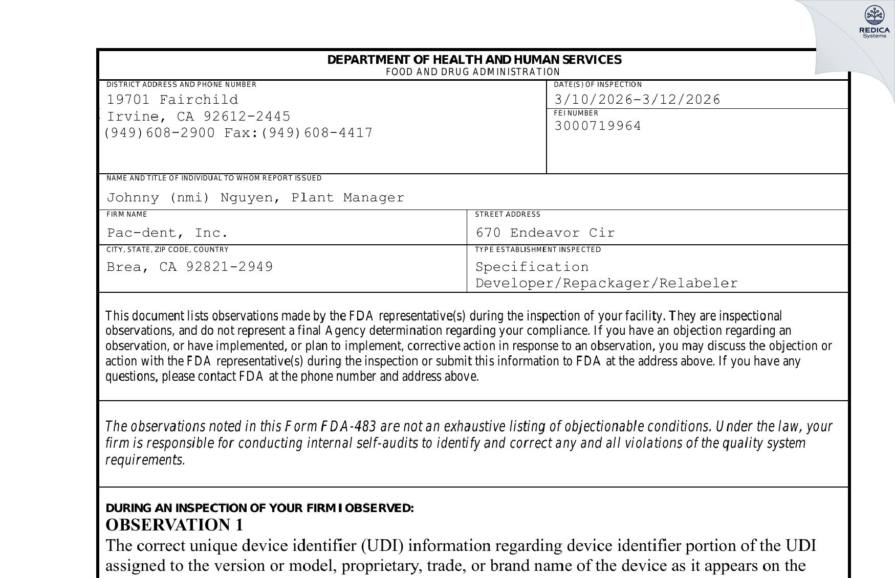 FDA 483 - Pac-dent International, Inc. [Brea / United States of America] - Download PDF - Redica Systems