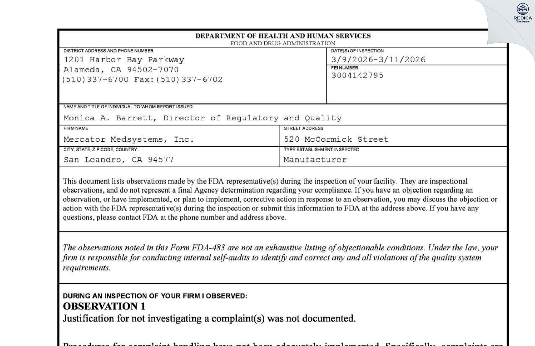 FDA 483 - Mercator Medsystems, Inc. [Emeryville / United States of America] - Download PDF - Redica Systems