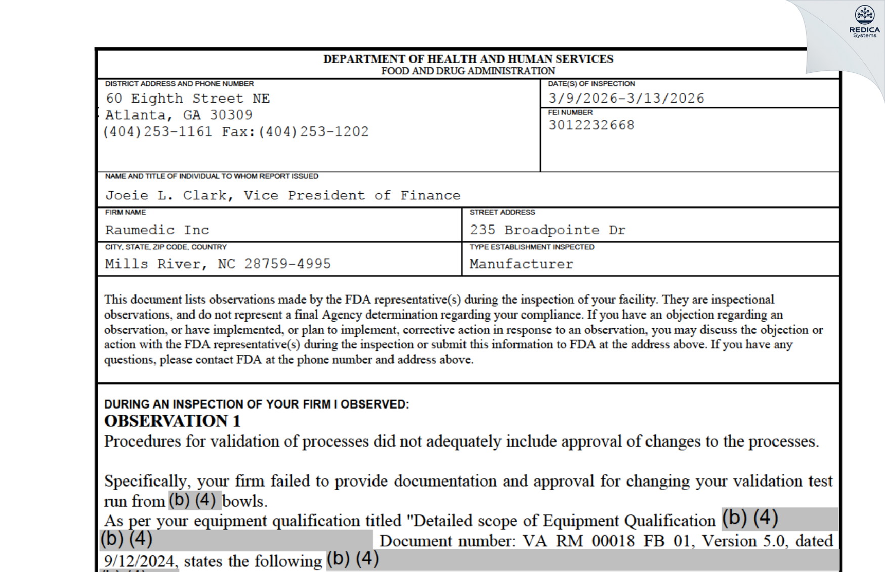 FDA 483 - RAUMEDIC, Incorporated. [Mills River / United States of America] - Download PDF - Redica Systems